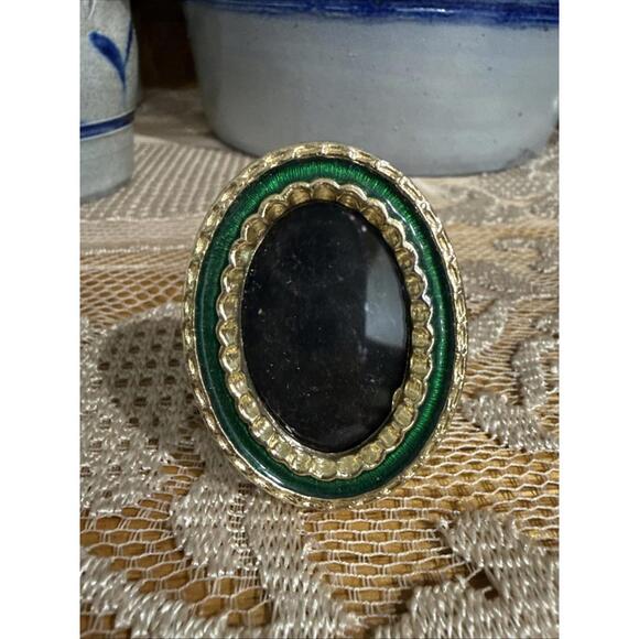 Other - VTG Miniature Picture Frame Gold W/ Green Enamel 1.5x2” Easel Back Glass Front